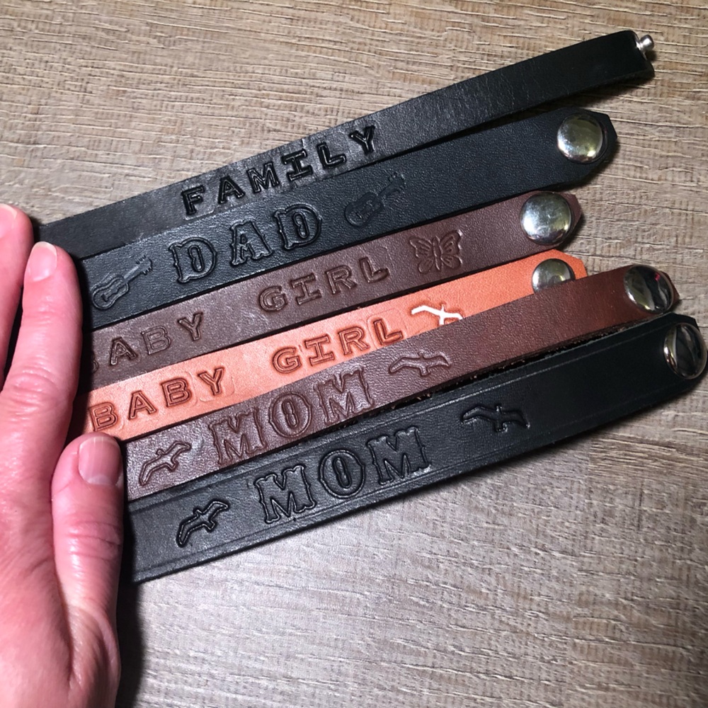 Lot of leather craft snap bracelets embossed tooled “Family” “Mom” “Dad” etc